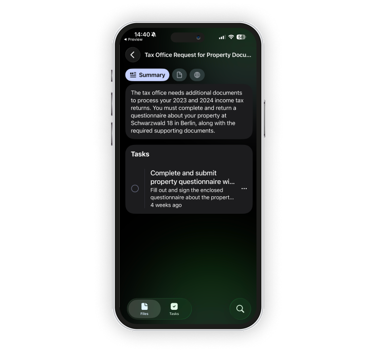 Foldy app showing document summary with AI-extracted key details